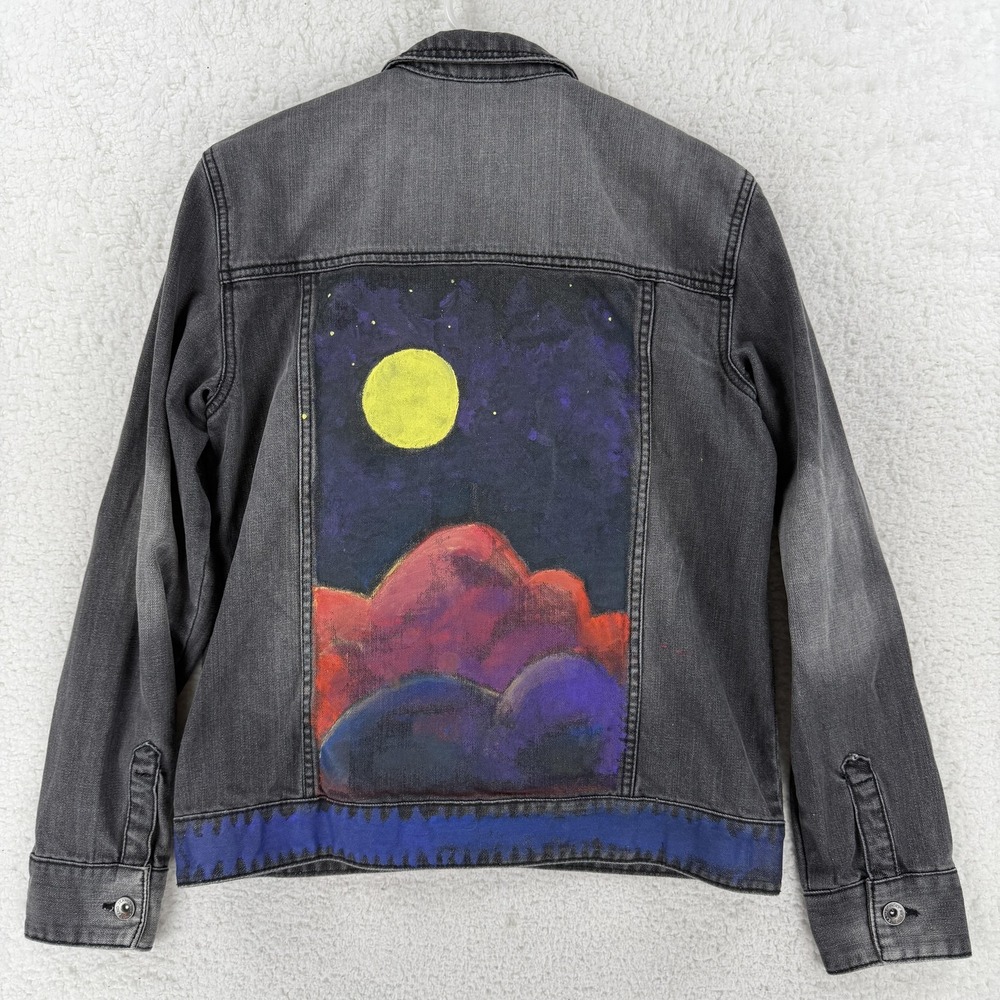 Lucky Brand‎ Jacket Mens Large Gray Denim Button Front Hand Painted Moon Sky Art